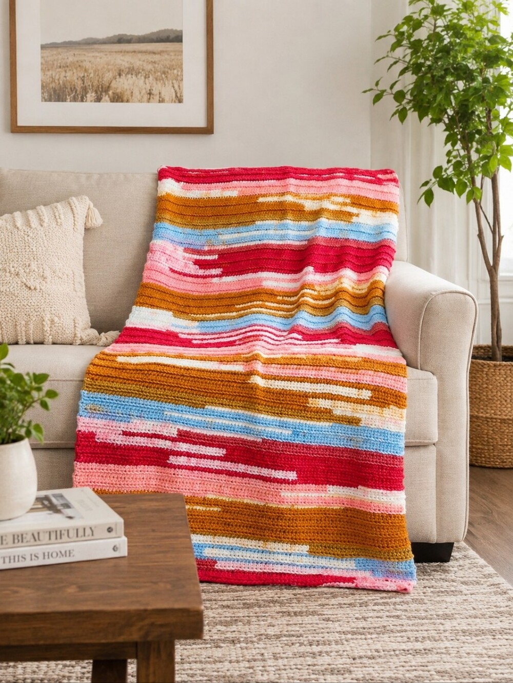 Handmade Caron Anniversary Cakes Afghan Multicolor Striped Throw Blanket - New